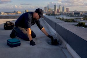 Technician inspecting commercial roof drainage