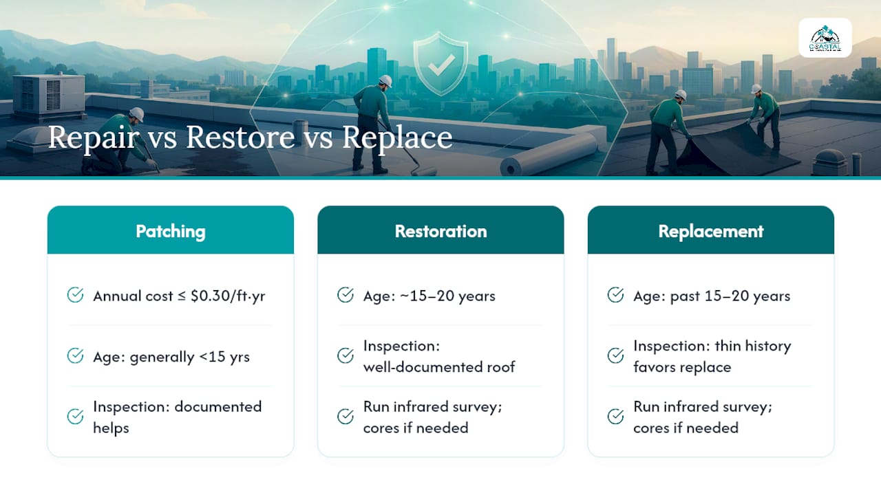 Commercial roof repair restoration replacement decision