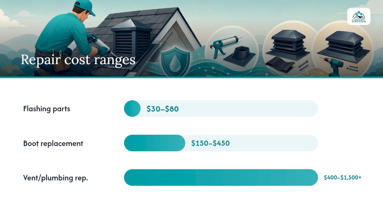 Coastal Roofing & Construction LLC | Attic First Roof Vent Leak Fix: DIY Limits and $150–$450 Repair Costs Roof vent repair cost ranges and moisture timeline
