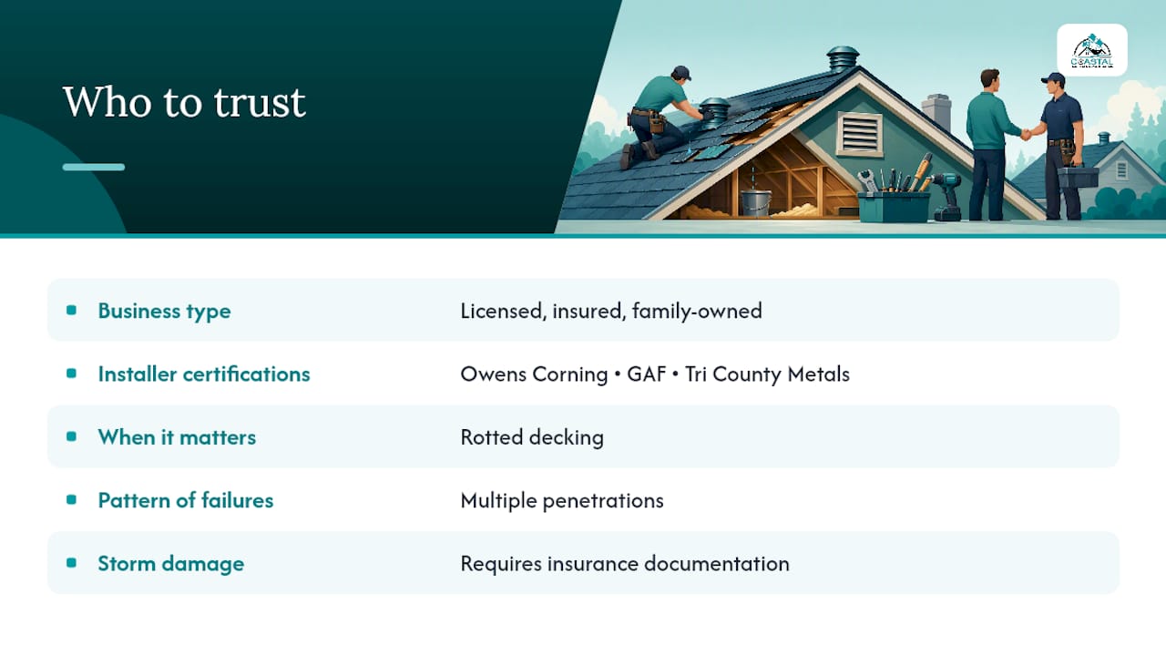 Coastal Roofing & Construction LLC | Attic First Roof Vent Leak Fix: DIY Limits and $150–$450 Repair Costs Who Should You Trust for This Kind of Repair? — overview diagram