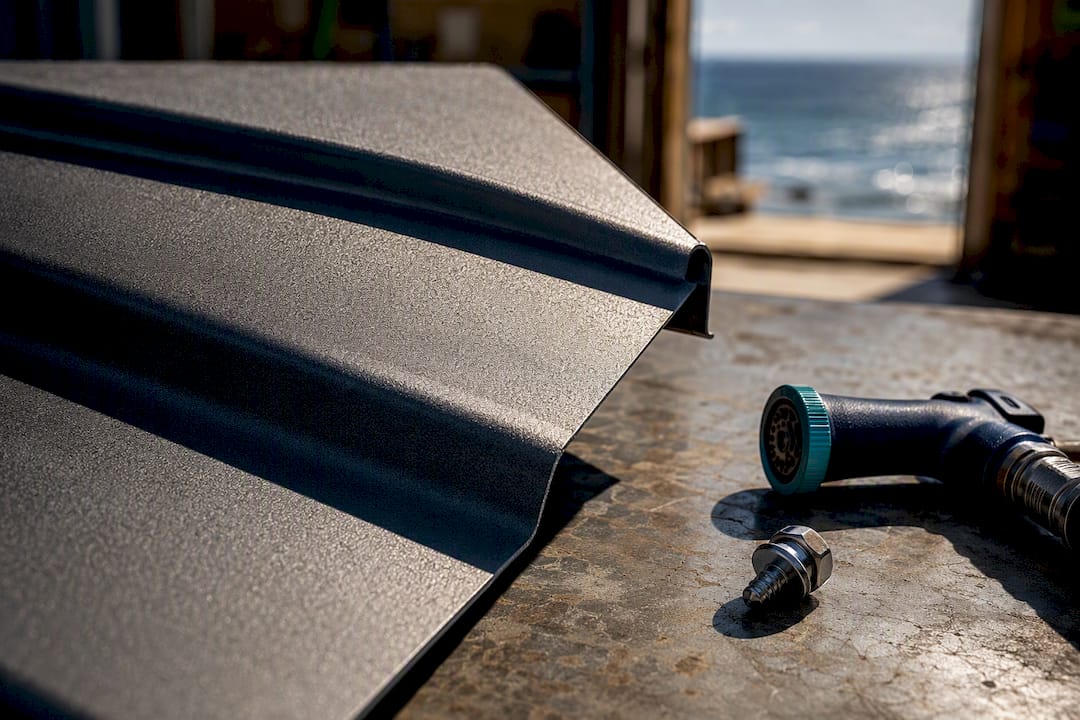 Coated metal roofing surface in sunlight