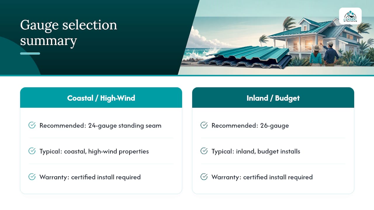 Coastal Roofing & Construction LLC | When 24 Is 27–30% Thicker: Metal Roof Gauge Advice for Coastal Homes How Coastal Roofing & Construction Approaches Gauge Selection — overview diagram