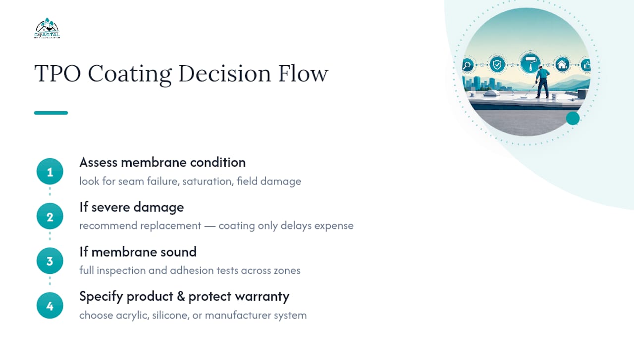Coastal Roofing & Construction LLC | Homeowners: TPO Roof Coating That Won't Void Your Warranty Coastal Roofing's Decision Workflow for TPO Coating — overview diagram