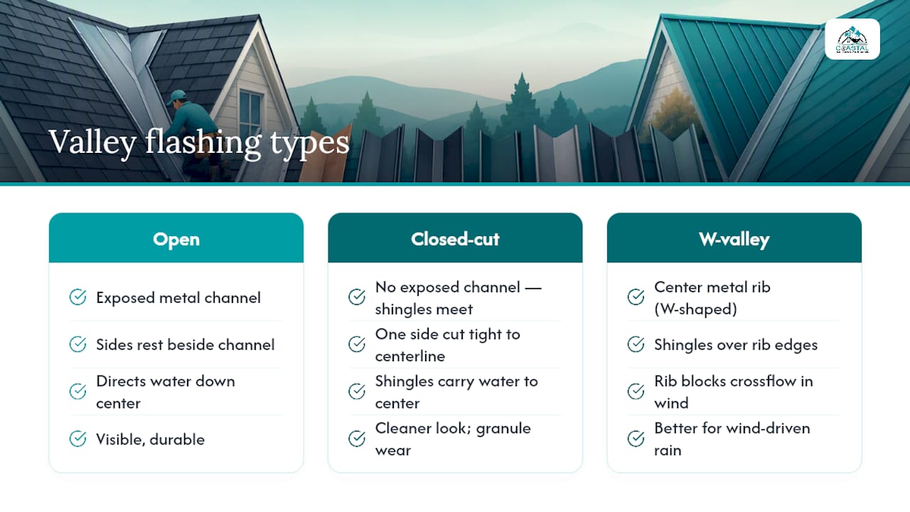 Coastal Roofing & Construction LLC | Inspect These 9 Roof Flashing Types Before a Leak, Homeowners Open, closed-cut, and W-valley water paths