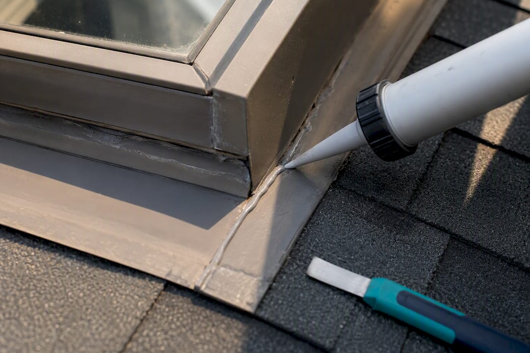Coastal Roofing & Construction LLC | Homeowners: Diagnose Skylight Roof Leaks With a Hose Test Before You Pay Sealant being applied along skylight flashing