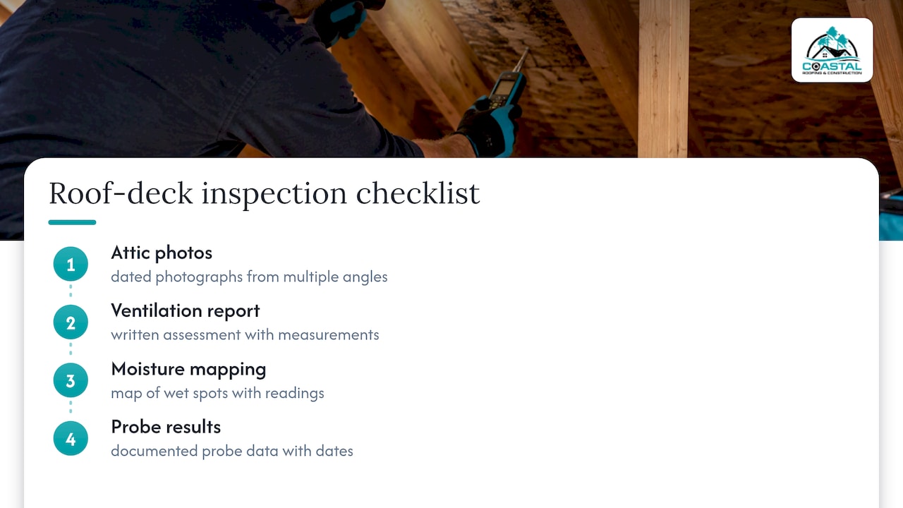 Coastal Roofing & Construction LLC | Pro Vetted Roof Deck Checks Homeowners Need: 5 Attic Signs to Spot Four documented attic inspection checks