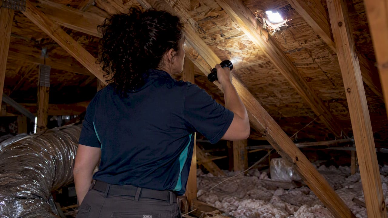 Coastal Roofing & Construction LLC | Twice Yearly Roof Inspections in Florida to Keep Insurance Discounts Inspector checking attic for daylight breach