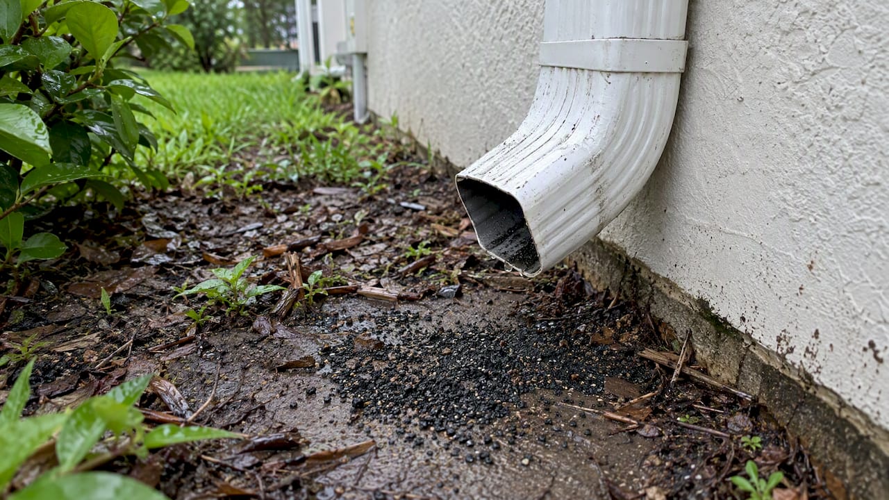 Coastal Roofing & Construction LLC | Hurricane Roof Damage Signs Homeowners Can Check Without Climbing Shingle granules collected beneath a downspout