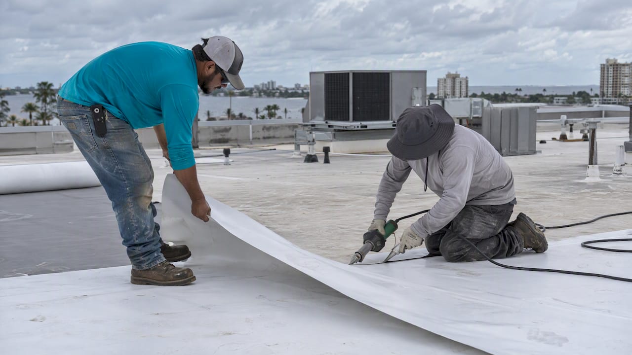 Coastal Roofing & Construction LLC | Tampa Commercial Roof Replacement: $6–$14 Per Sq. Ft. and Code Rules Crew installing membrane on commercial roof