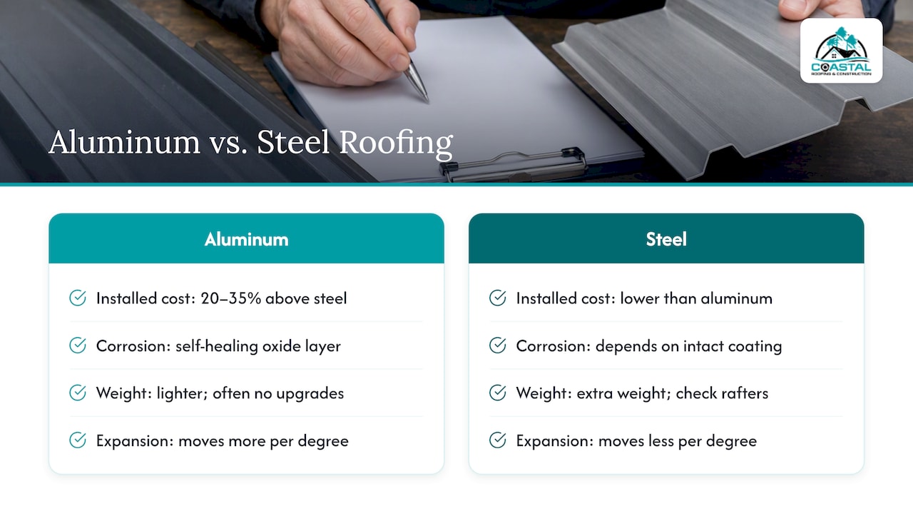 Coastal Roofing & Construction LLC | Aluminum vs. Steel Roofing: Salt Air, Hail, and the Coating Catch Aluminum and steel roofing tradeoffs compared