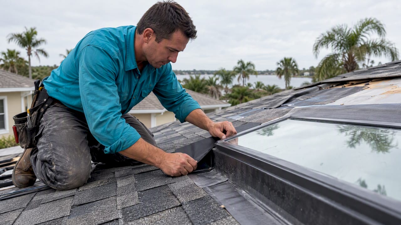 Coastal Roofing & Construction LLC | Skylight Replacement in Tampa Bay: Don’t Cut Into a New Roof Roofer fitting skylight flashing during reroof