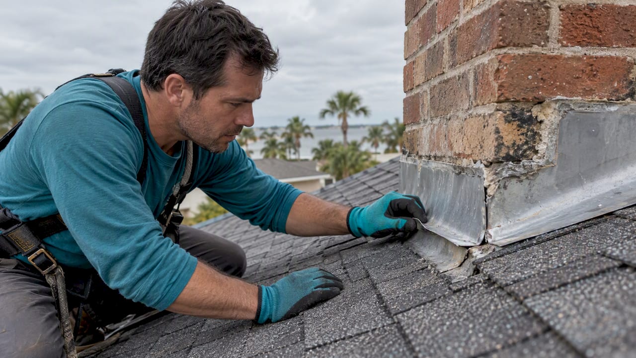 Coastal Roofing & Construction LLC | Florida Roof Flashing Leaks: 5 Types, Safe Checks, and Claim Rules Roofer inspecting chimney roof flashing